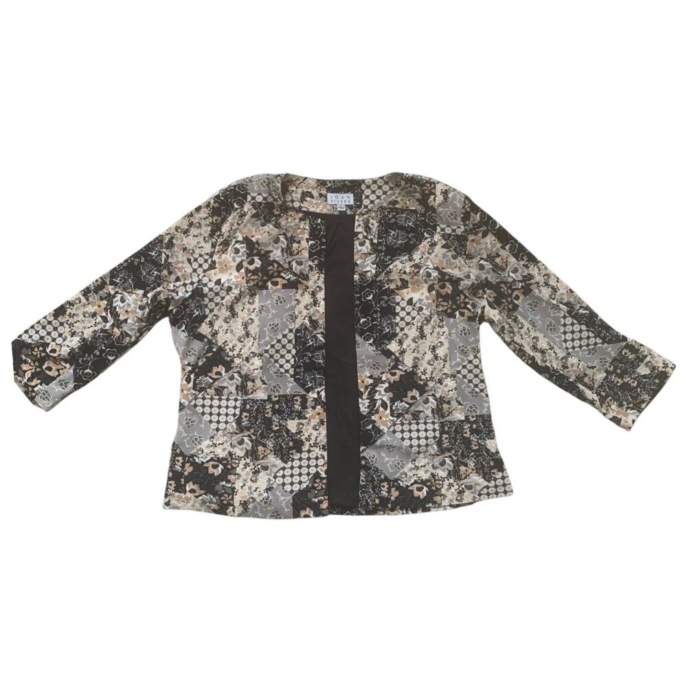 Joan Rivers Brown Floral Open Cardigan Jacket Blazer LG Studded Funky Art Wear